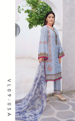 3 Piece Cotton Chickenkari Embroidered With Boring Work Digital Print Chiffon Dupatta & Dyed Trouser Stitched