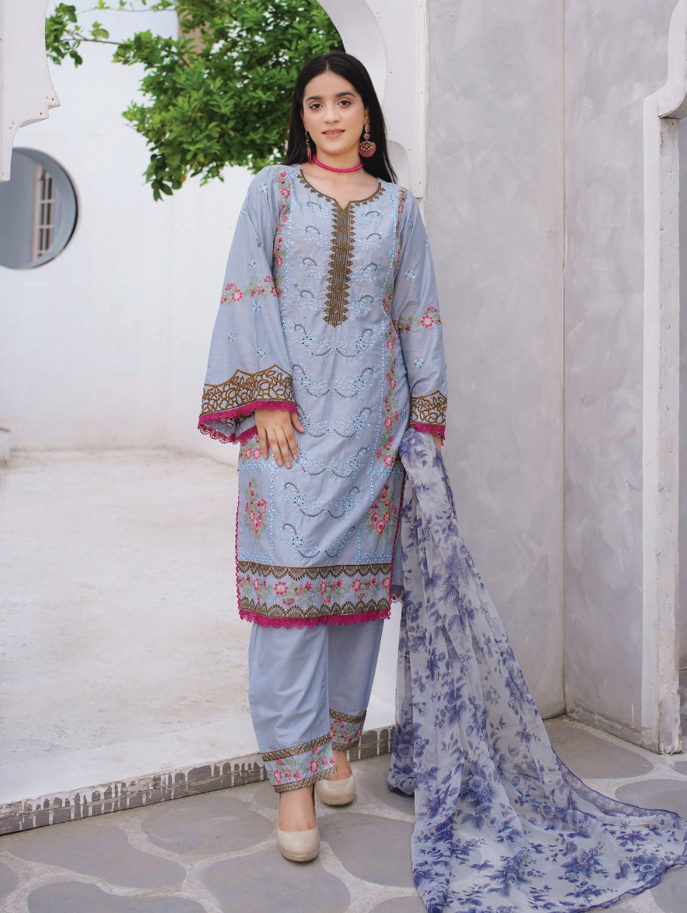 3 Piece Cotton Chickenkari Embroidered With Boring Work Digital Print Chiffon Dupatta & Dyed Trouser Stitched