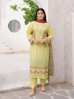 3 Piece Cotton Chickenkari Embroidered With Boring Work Digital Print Chiffon Dupatta & Dyed Trouser Stitched